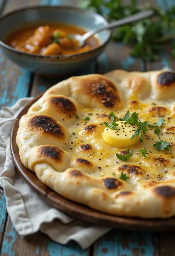 Naan épicé aux graines de cumin, décoré de coriandre fraîche, plat indien