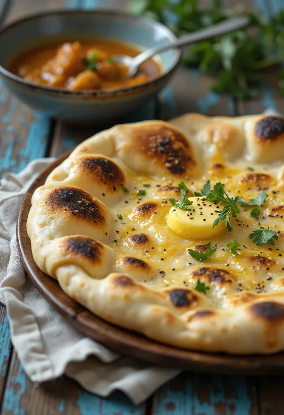 Naan épicé aux graines de cumin, décoré de coriandre fraîche, plat indien