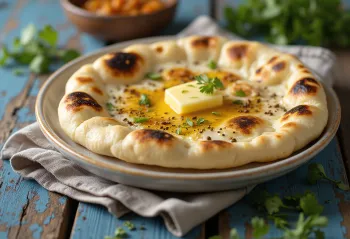Naan épicé aux graines de cumin, décoré de coriandre fraîche, plat indien