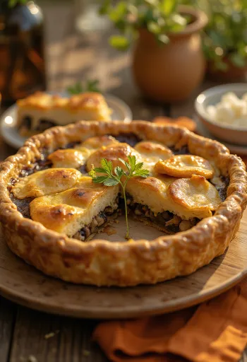 Tourte végane crémeuse aux champignons coupée en parts