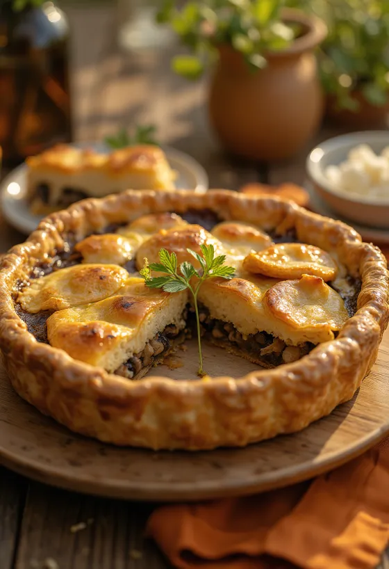 Tourte végane crémeuse aux champignons coupée en parts