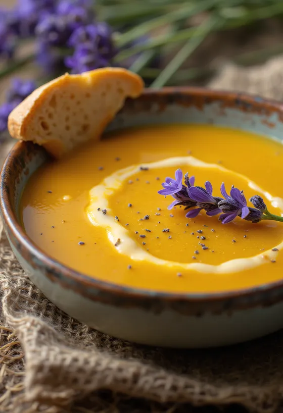 Velouté de courge à la lavande servi chaud