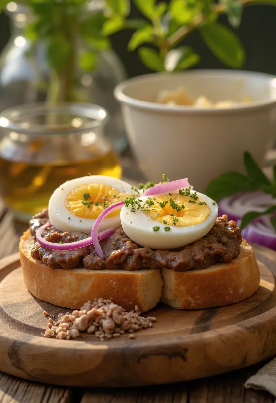 Leverpostei aux œufs durs, servi sur du pain grillé avec de l'oignon rouge et du persil frais