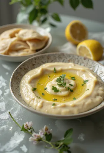 Sauce tahini au citron servie avec pita et légumes grillés