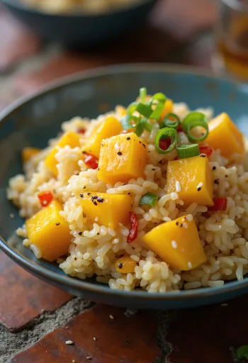 Riz sauté mangue piment servi