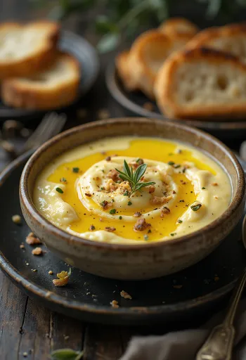 Caviar d'aubergine à la texture douce et crémeuse, servi avec des herbes fraîches et de l'huile d'olive