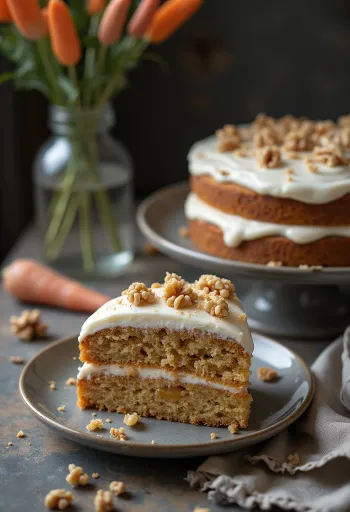 Carrot cake avec glaçage au fromage frais, décoré de noix et de carotte râpée