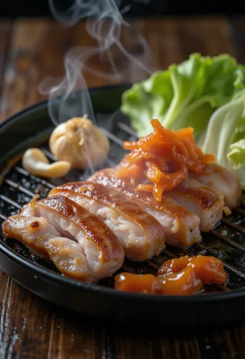 Samgyeopsal servi avec feuilles de salade et kimchi