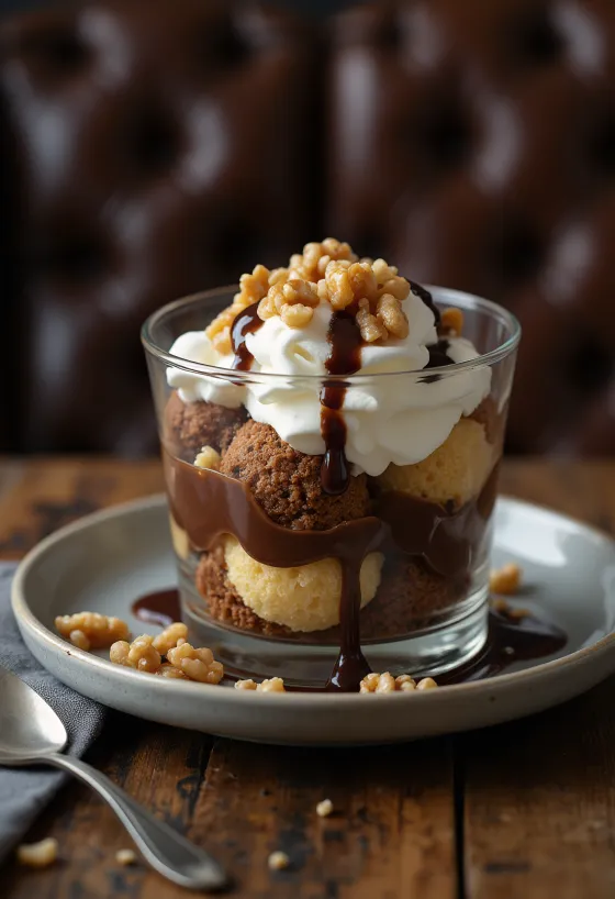 Somlói galuska avec génoise moelleuse, crème vanille et nappage chocolat