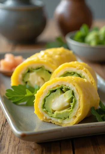 Tamagoyaki à l'avocat, omelette garnie d'avocat riche