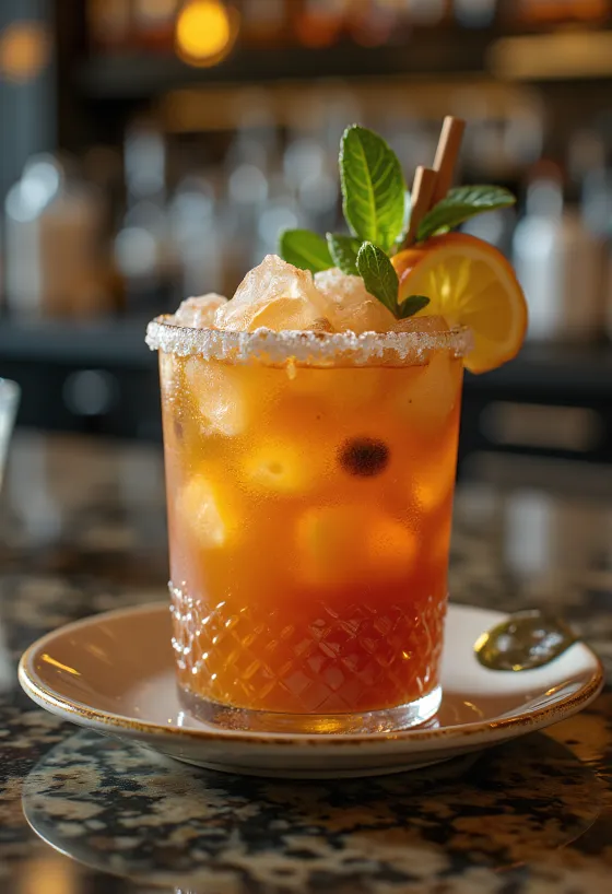 Cocktail Zombie décoré de feuilles de menthe et d'une tranche d'orange