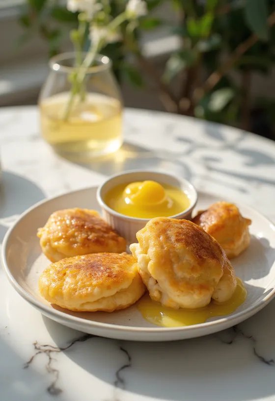 Æbleskiver à la crème au citron, boules fraîches et dodues, décorées de sauce au citron