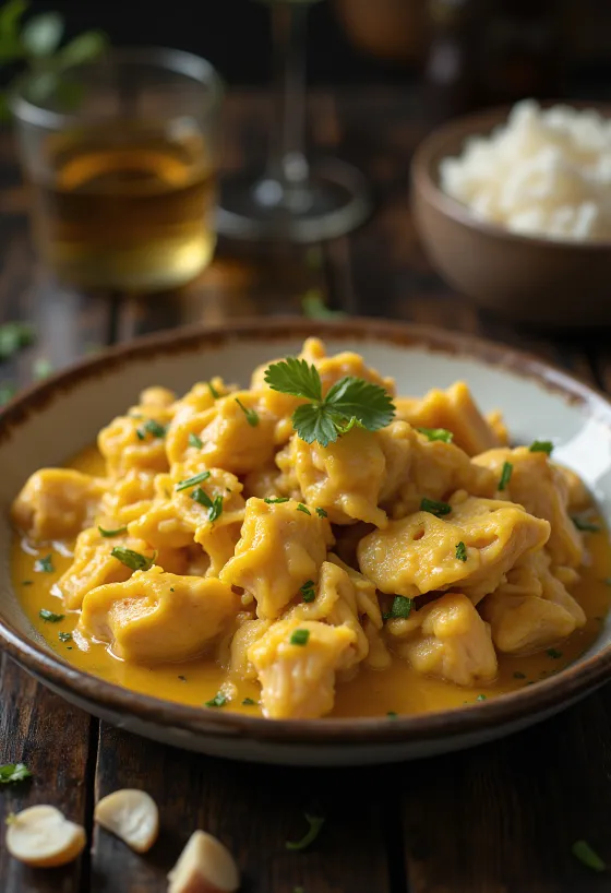 Ají de Gallina à l'ail, servi avec de la viande de poulet juteuse et une sauce riche.