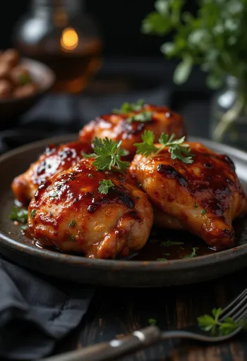 Cuisses de poulet BBQ cuites au four, servies avec des pommes de terre rôties