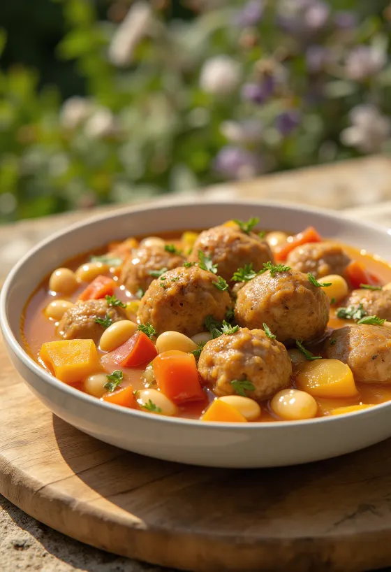 Fasolada aux boulettes de viande servie