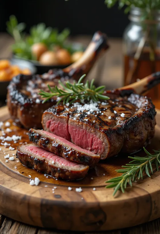 Steaks de springbok grillés servis avec légumes rôtis.