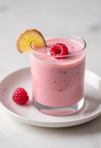 Smoothie framboise-gingembre dans un verre, décoré de framboises fraîches et de menthe