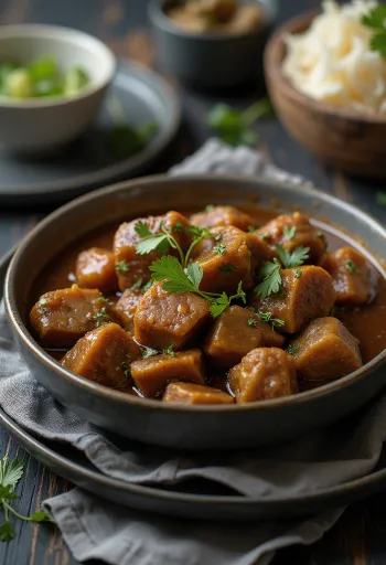 Sarapatel au cœur de porc, plat de viande riche et épicé décoré de coriandre fraîche