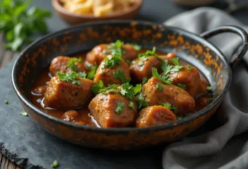 Sarapatel au cœur de porc, plat de viande riche et épicé décoré de coriandre fraîche