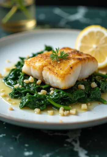 Poisson poêlé aux épinards à l'ail servi