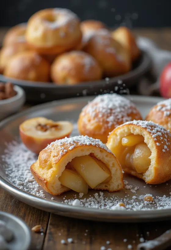 Æbleskiver fourrés aux pommes et à la cannelle, dorés à souhait, saupoudrés de sucre glace