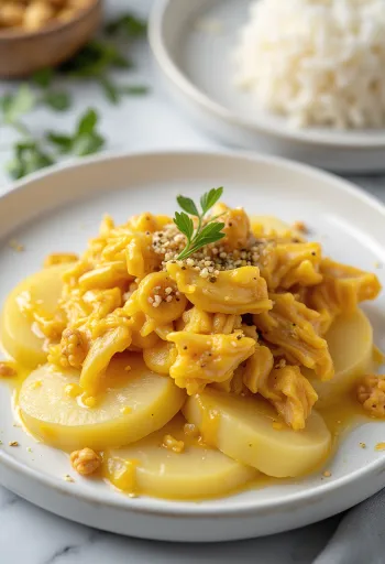 Ají de gallina sans œufs, poulet sauce jaune crémeuse, servi avec riz et pommes de terre