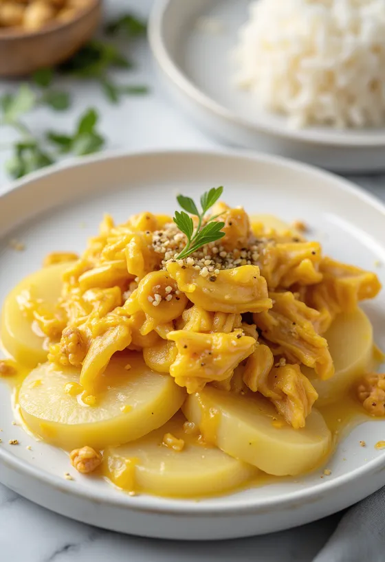 Ají de gallina sans œufs, poulet sauce jaune crémeuse, servi avec riz et pommes de terre