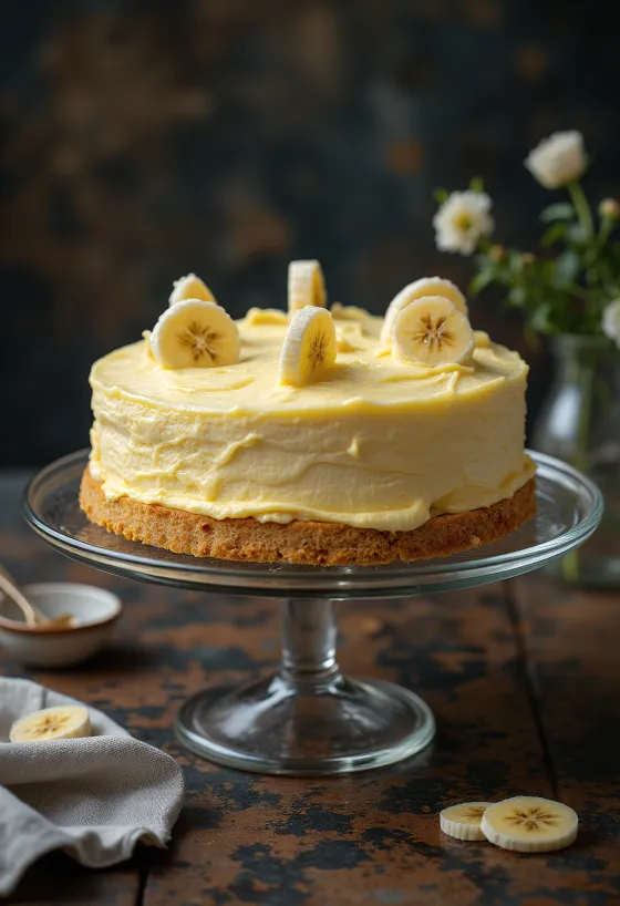 Gâteau à la crème de banane décoré de tranches de banane