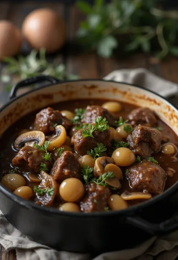 Bœuf Bourguignon servi avec du thym frais et du pain