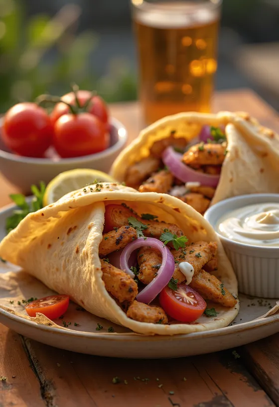 Viande gyros fraîchement cuite dans un pita, servie avec des légumes et une sauce au yaourt.