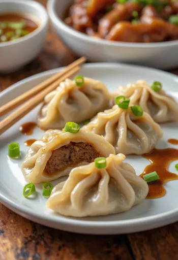 Jiaozi chinois au canard laqué bouilli, sur assiette blanche, farce au canard visible