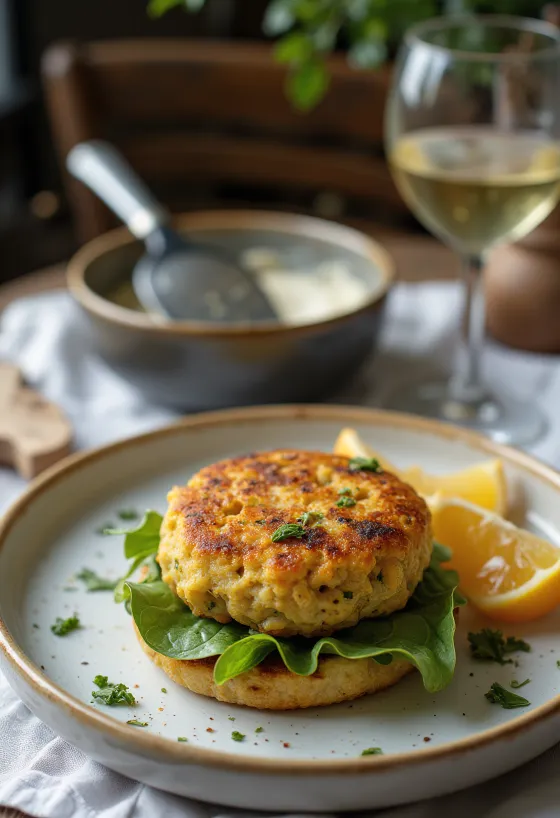 Burger végétal aux poireaux dans un petit pain, servi avec salade fraîche et galette de légumes