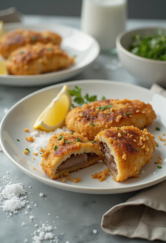 Foie de porc pané croustillant et doré, servi avec une salade fraîche.