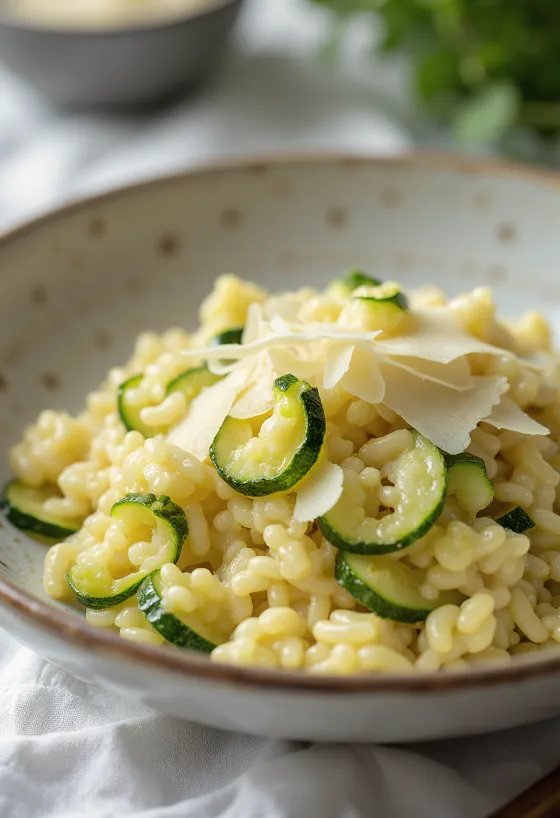 Risotto aux courgettes, servi avec légumes dorés et parmesan râpé