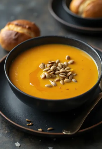 Velouté de courge, servi avec graines torréfiées et huile d'olive fraîche.