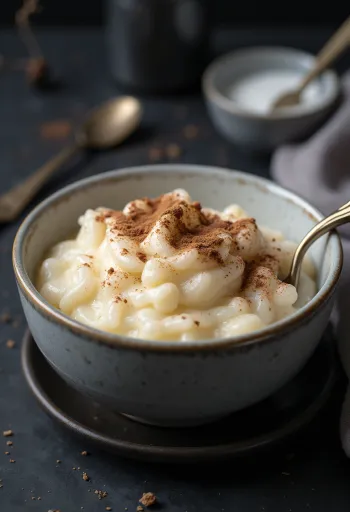Riz au lait crémeux servi avec cannelle et fruits frais