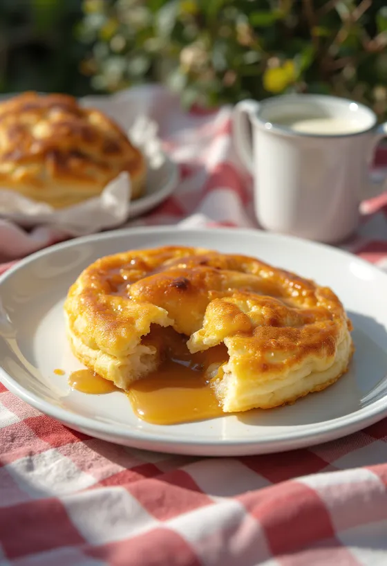 Æbleskiver fourrés à la crème de caramel, dorés, saupoudrés de sucre glace
