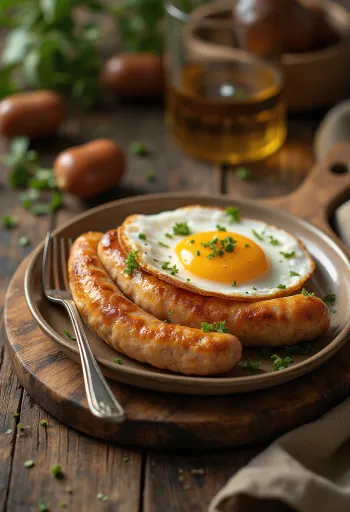 Saucisse Alheira servie avec un œuf au plat, parsemée de persil, sur une assiette rustique