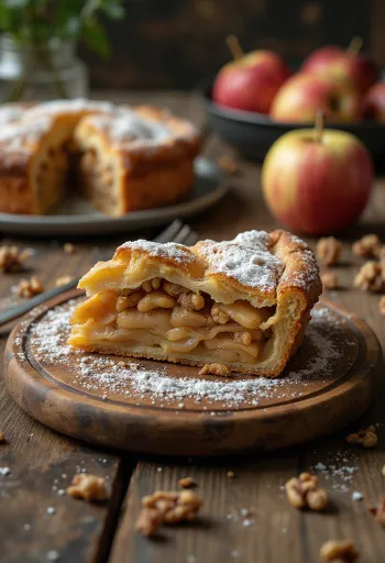 Tourte aux pommes et aux noix coupée en tranches servie