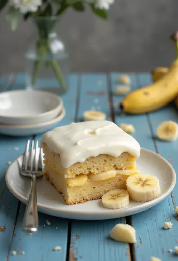Gâteau à la crème de fromage blanc et banane servi élégamment