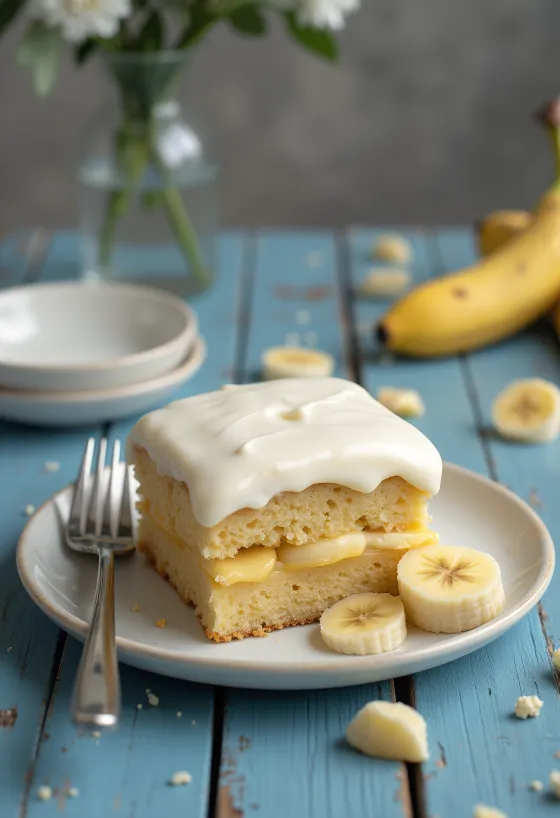 Gâteau à la crème de fromage blanc et banane servi élégamment