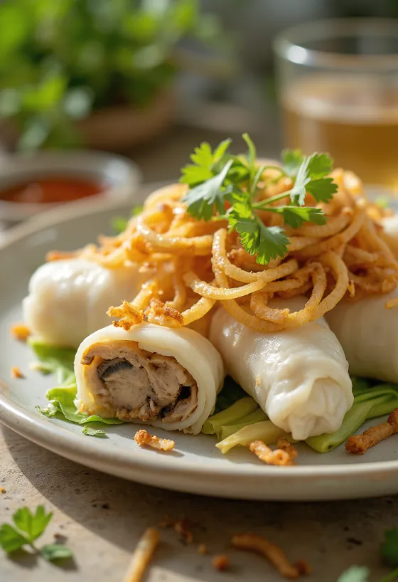 Bánh cuốn aux oignons frits et coriandre, servi à la vietnamienne