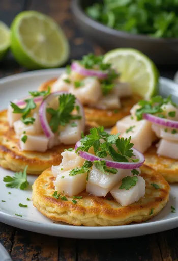 Pancakes au Ceviche servis avec du poisson de mer frais et de l'avocat