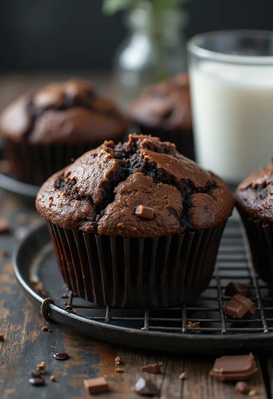 Muffin au chocolat à la pâte moelleuse, avec morceaux de chocolat fondus à l'intérieur