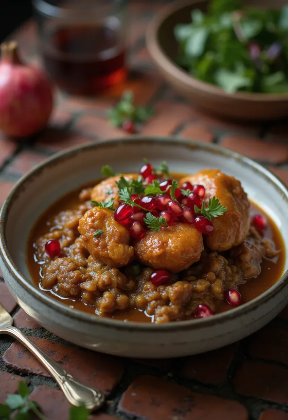 Fesenjoon au poulet servi, avec grains de grenade et riz en accompagnement