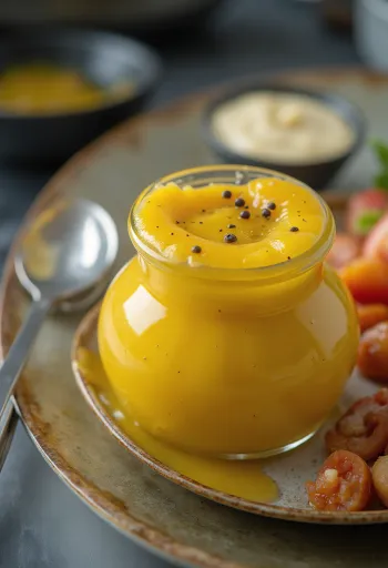 Sauce moutarde au miel et aux fruits dans un bol, avec fruits frais et légumes à côté.