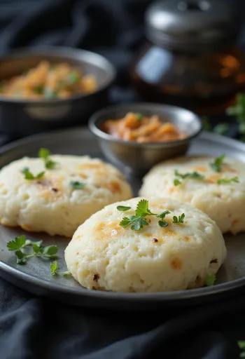 Idli rava fraîchement préparé, cuit à la vapeur, décoré de feuilles de coriandre fraîche
