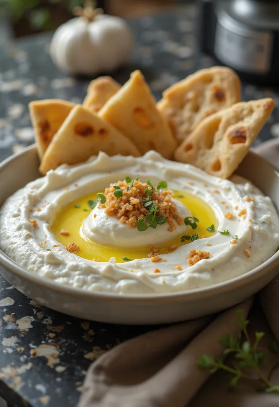 Kajmak à la crème aigre, plat crémeux et savoureux, décoré d'huile d'olive et de persil