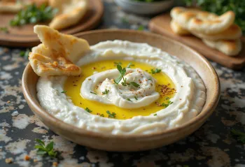 Kajmak à la crème aigre, plat crémeux et savoureux, décoré d'huile d'olive et de persil