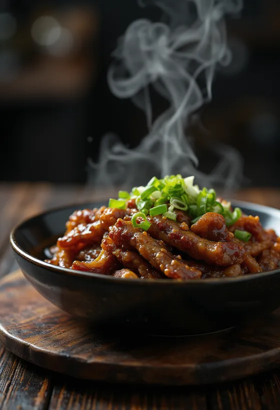 Bœuf mongol à la sauce soja, servi avec de l'oignon vert